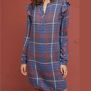 EUC Anthropologie Cloth & Stone Ruffled Plaid Shirt Dress XS​​​​​